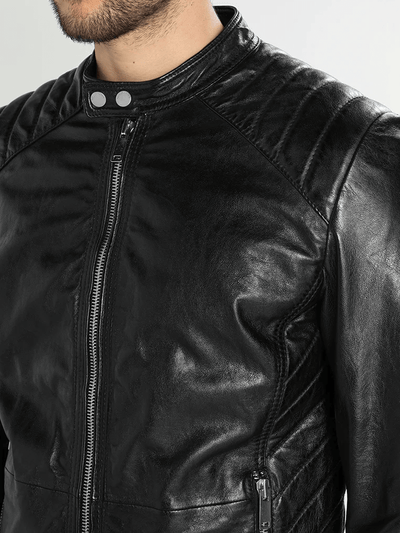 Quilted Shoulder Black Leather Jacket