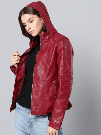 Sculpt Australia womens leather jacket Red Detachable Hooded Leather Jacket
