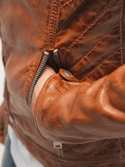 Quilted Shoulder Tanned Leather Jacket
