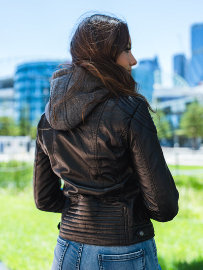 Calista black hooded leather jacket