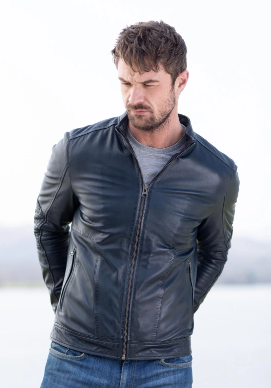 Jerome Leather Jacket in Navy Blue