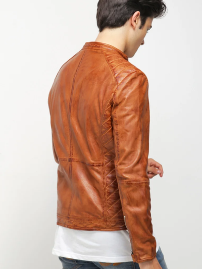 Quilted Shoulder Tanned Leather Jacket