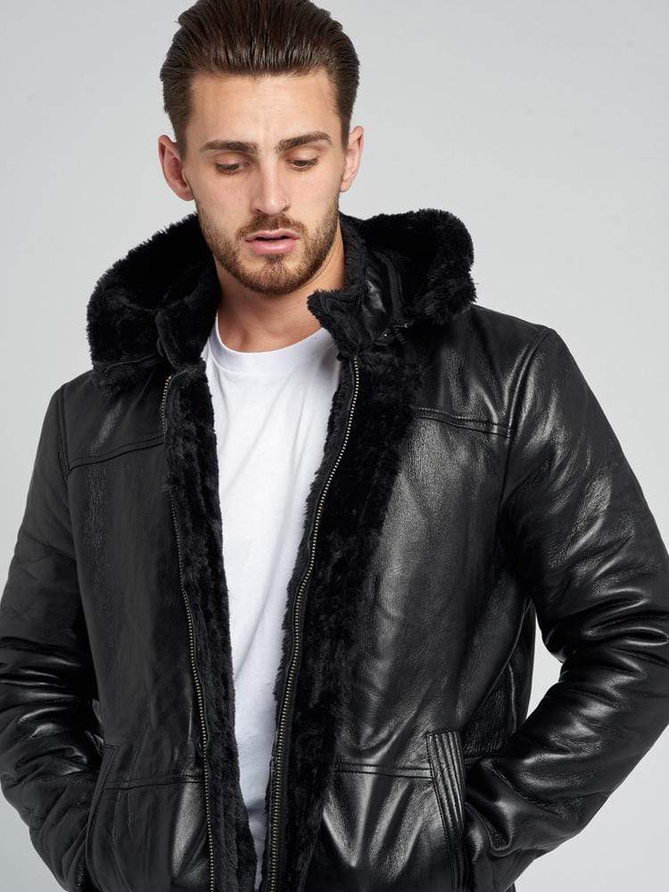 Sculpt Australia mens leather jacket Black Detachable Hood Shearling Leather Coat