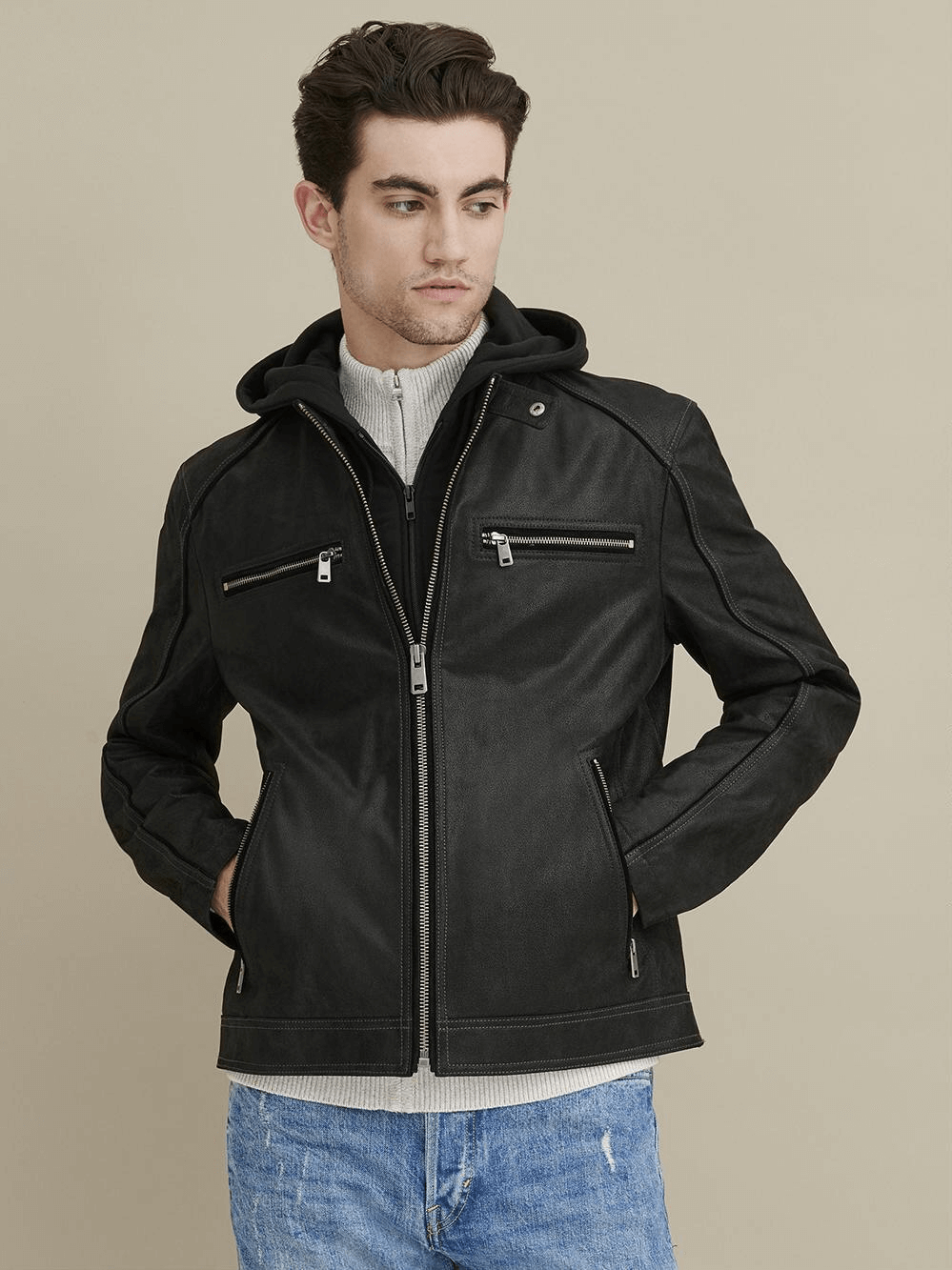 Detachable Hooded Leather Jacket