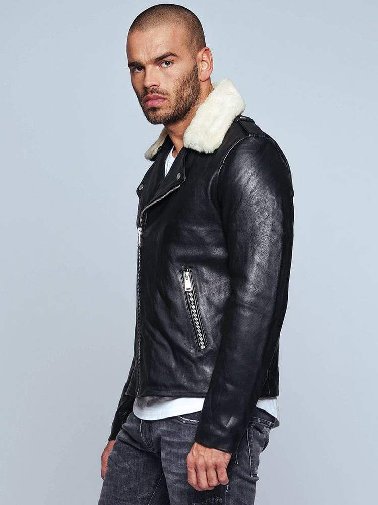 Fur Collared Black Leather Jacket