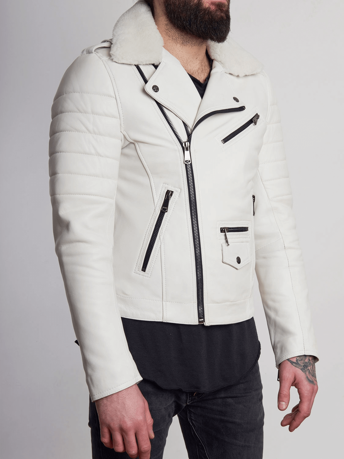 Jose White Fur Collared Leather Jacket