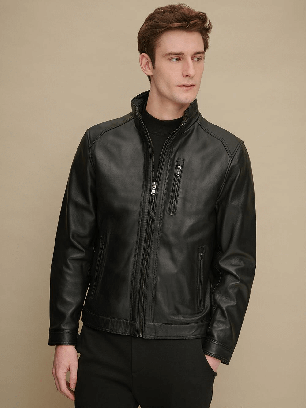 Stand Collar Black Leather Jacket