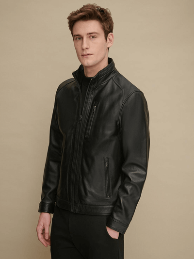 Stand Collar Black Leather Jacket