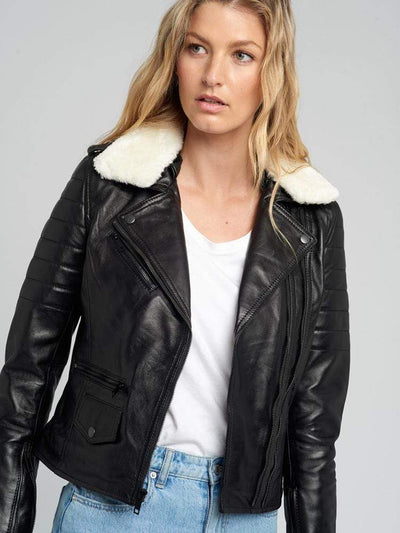Sculpt Australia womens leather jacket Black Fur Collared Leather Jacket