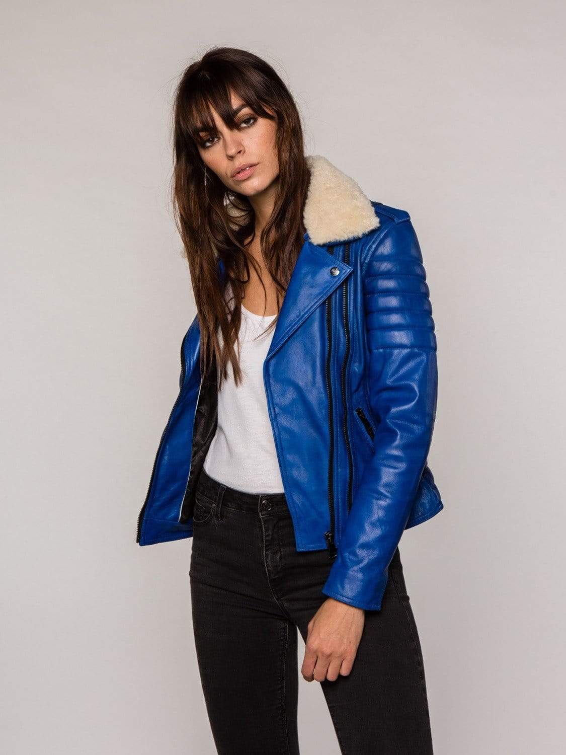 Blue Fur Collared Leather Jacket