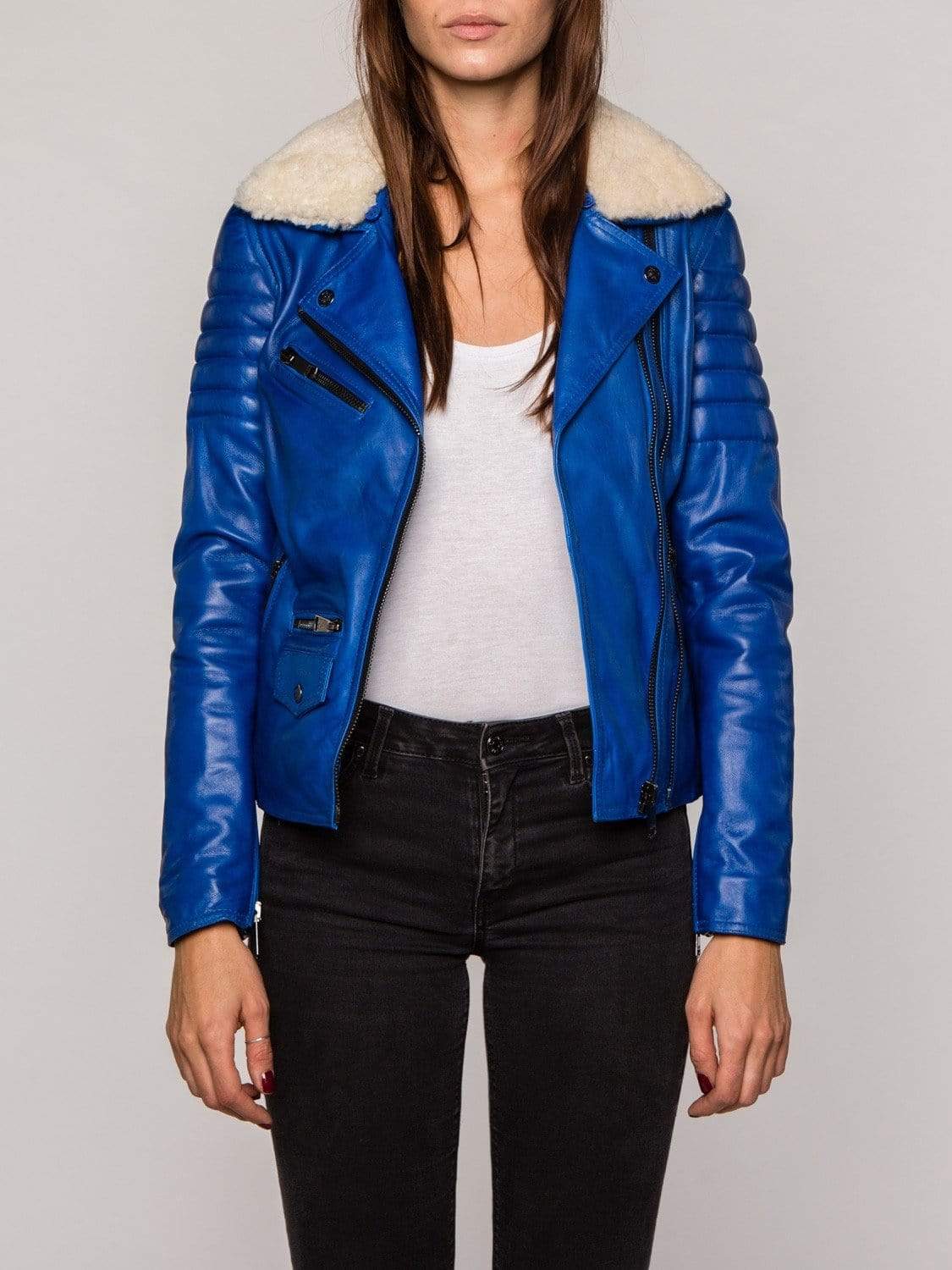 Blue Fur Collared Leather Jacket