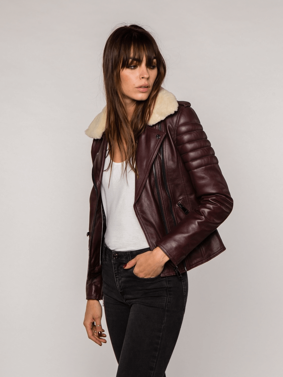 Burgundy Fur Collared Leather Jacket