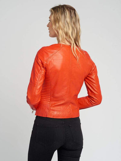 Sculpt Australia womens leather jacket Crew Neckline Orange Leather Jacket