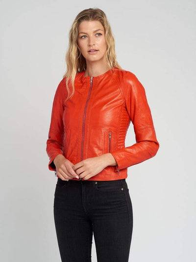 Sculpt Australia womens leather jacket Crew Neckline Orange Leather Jacket