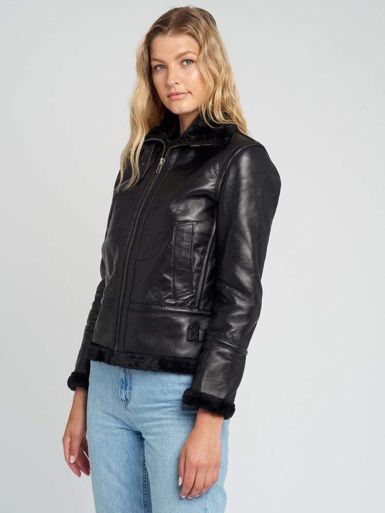 Sculpt Australia womens leather jacket Delia Black Fur Shearling Jacket