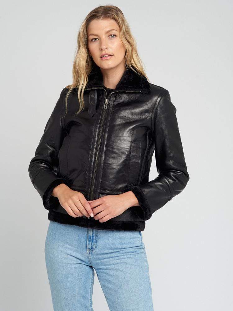 Sculpt Australia womens leather jacket Delia Black Fur Shearling Jacket