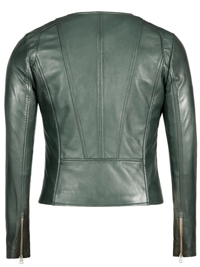 Green Crew Neck Leather Jacket