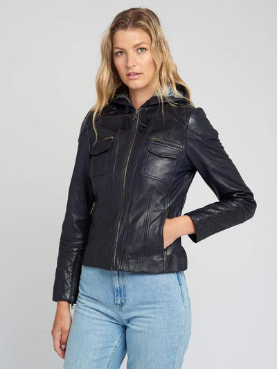 Sculpt Australia womens leather jacket Navy Blue Hooded Leather Jacket