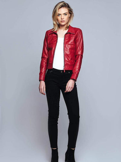 Red Turn-down Collar Leather Jacket