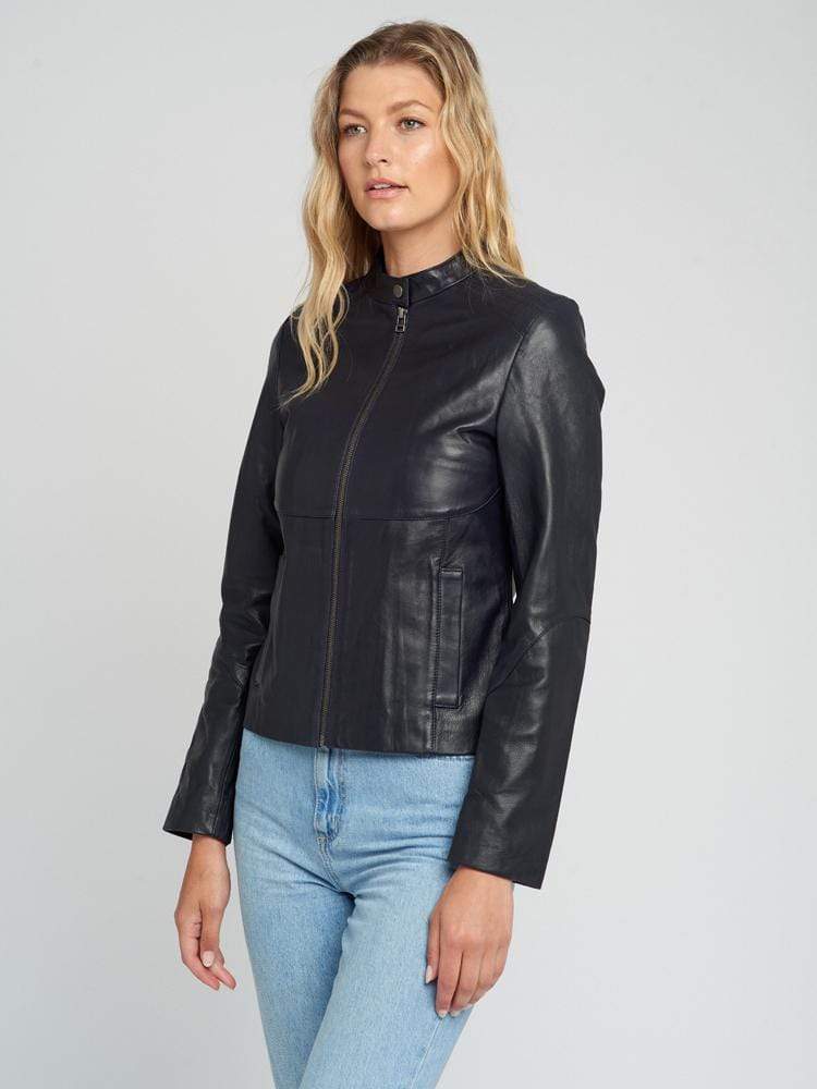 Sculpt Australia womens leather jacket Snap Collar Navy blue leather jacket