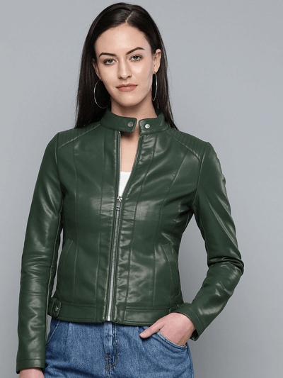 Sculpt Australia womens leather jacket Snap Tab Green Leather Jacket