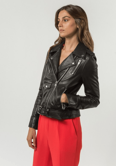Mia Black Belted Leather Jacket